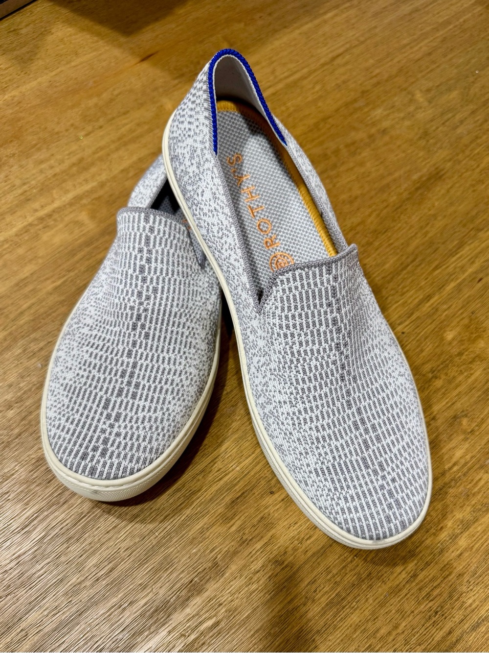 Rothy's Python Gray Slip-On Sneakers with Blue/Yellow/White Heel Trim